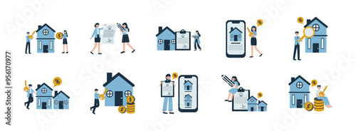 Real Estate Concept flat illustration set. Include of investment, house sale, home rental, and insurance. Vector illustration isolated transparent background