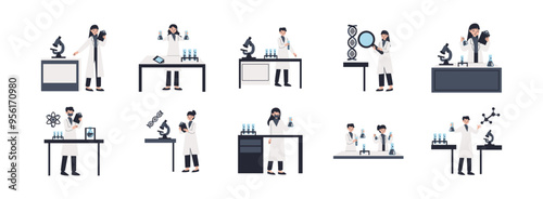 Laboratory Activity Concept flat illustration set. Include of experiment, biology research, scientist, and student research. Vector illustration isolated transparent background