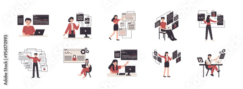 Programming Concept Character flat illustration set. Include of development, programming, information, and web developer. Vector illustration isolated transparent background