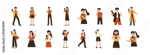 People with Phone flat illustration set. Include of chatting, online call, social media, and listen music. Vector illustration isolated transparent background