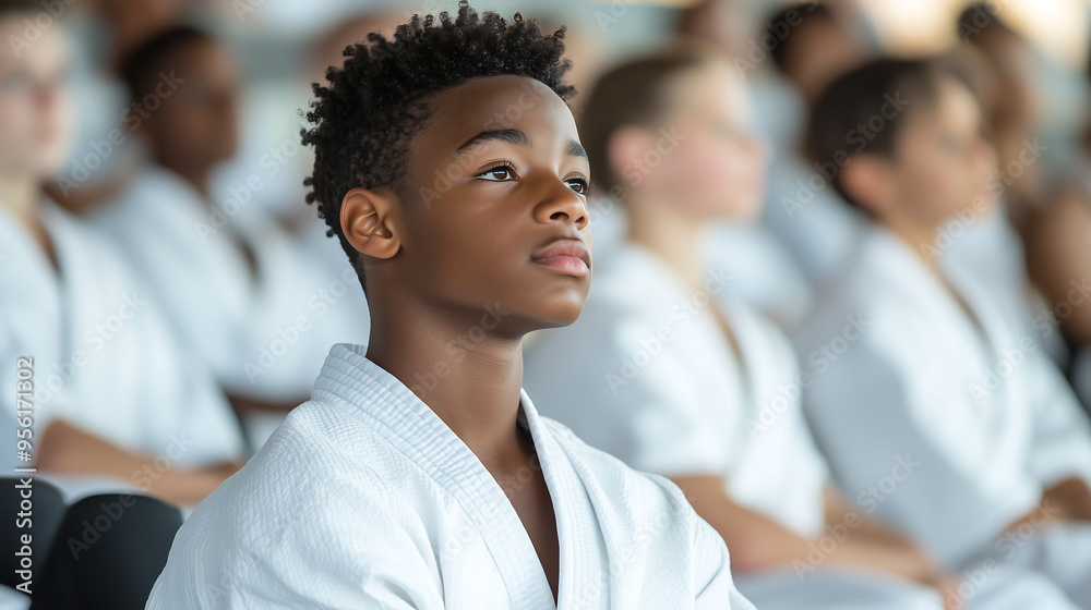Attentive boy in karate uniform at martial arts training session Attentive boy in karate uniform at martial arts training session