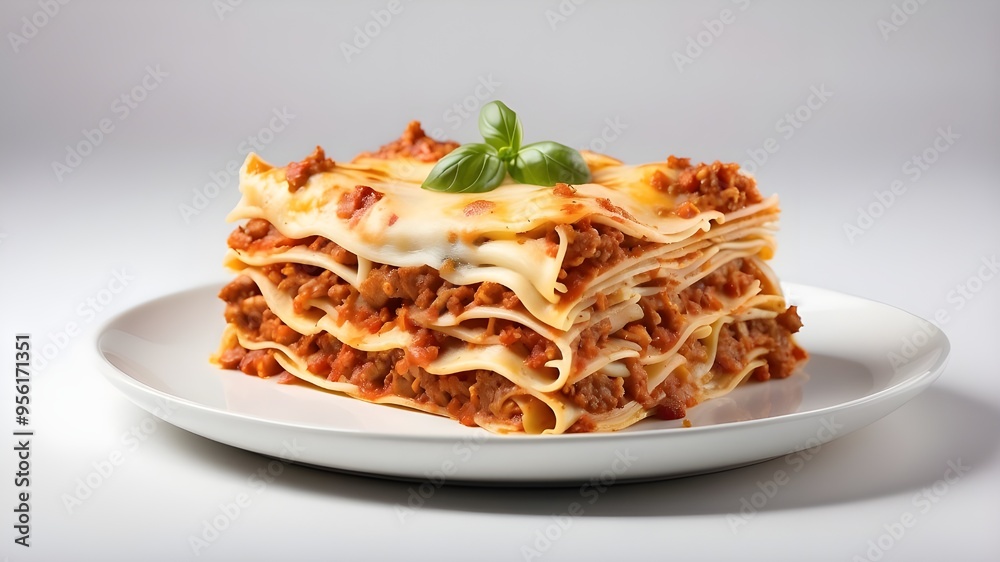 Isolated lasagne against a white backdrop. A portion of lasagna topped with bolognese sauce. Italian food Isolated lasagne against a white backdrop. A portion of lasagna topped with bolognese sauce. Italian food