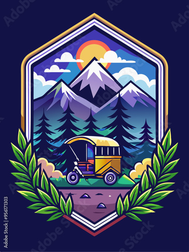 Yellow Tuk Tuk in Mountainous Landscape with Sunset