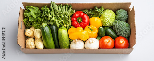 Fresh vegetables in box, including zucchini, bell peppers, lettuce, and broccoli, showcasing vibrant colors and healthy options.