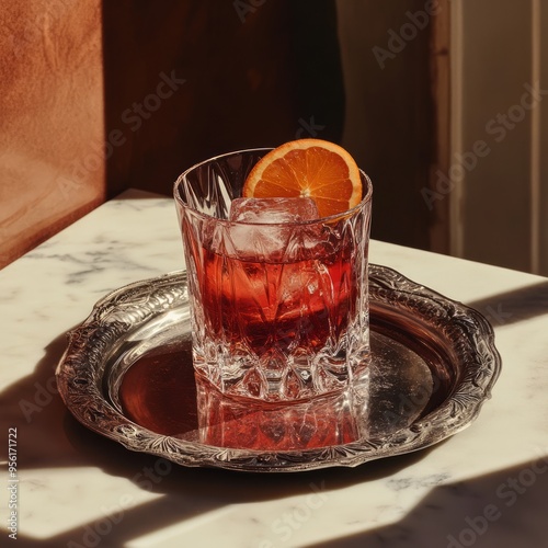 A glass of red cocktail with an orange slice garnish on a silver tray.