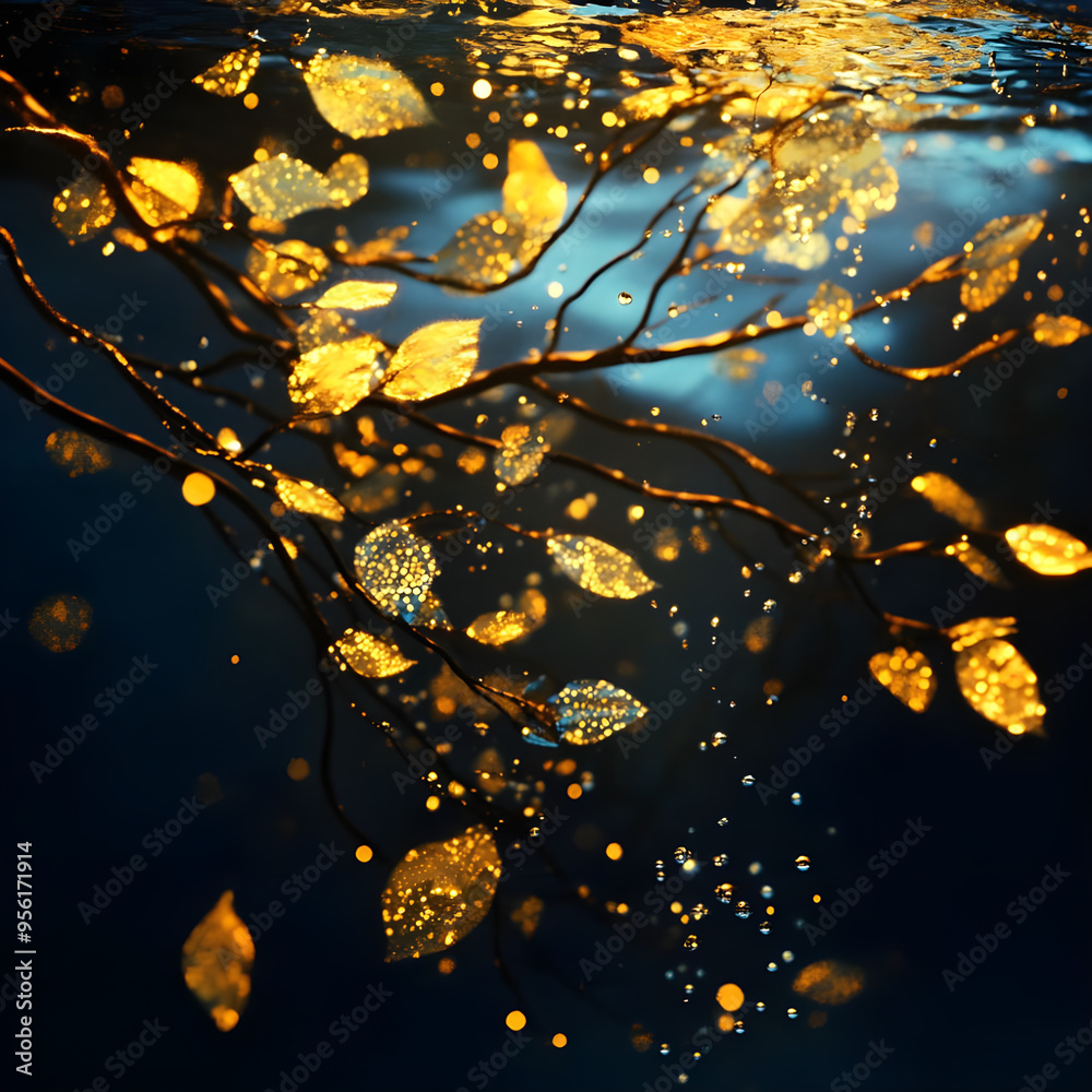 Golden Autumn Submerged: A branch laden with shimmering, golden leaves, half-submerged in water, with bubbles and a dreamy, ethereal atmosphere. Golden Autumn Submerged: A branch laden with shimmering, golden leaves, half-submerged in water, with bubbles and a dreamy, ethereal atmosphere.