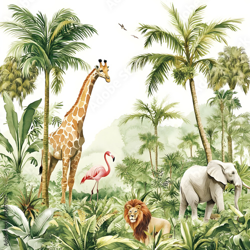 Jungle Watercolor Paradise:  A vibrant watercolor painting of a lush tropical jungle teeming with life.  A majestic giraffe stands tall, a pink flamingo gracefully stretches its neck, a wise elephant 