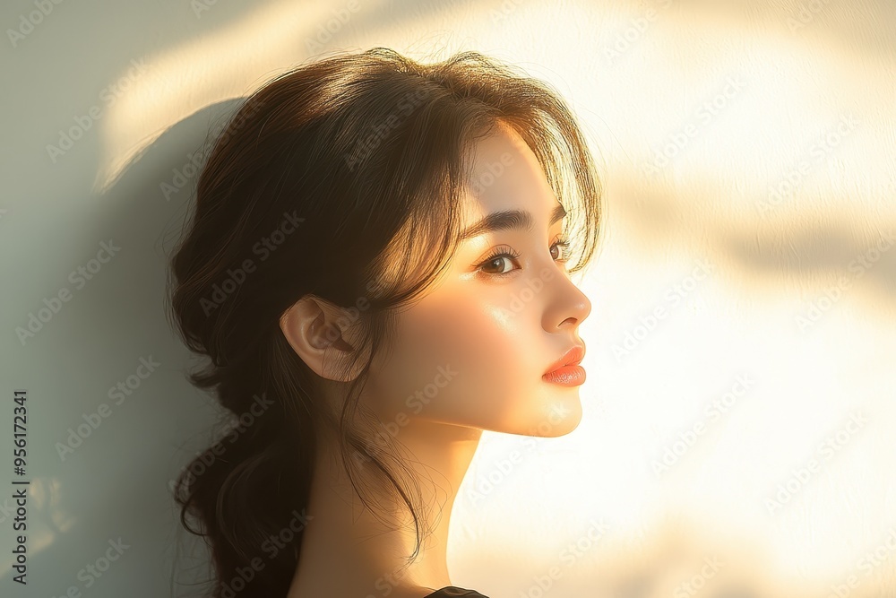 Naklejka premium Illuminated Elegance: Close-up Portrait of Thai Fashion Model in Modern Attire Against White Wall with Soft Light Rays Overlay