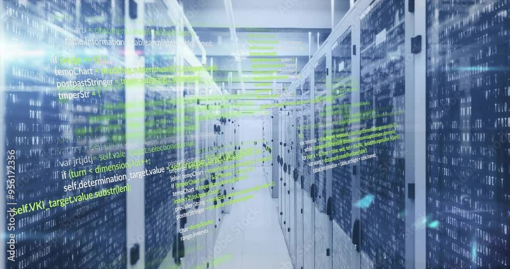 Computer code animation over servers in data center Computer code animation over servers in data center