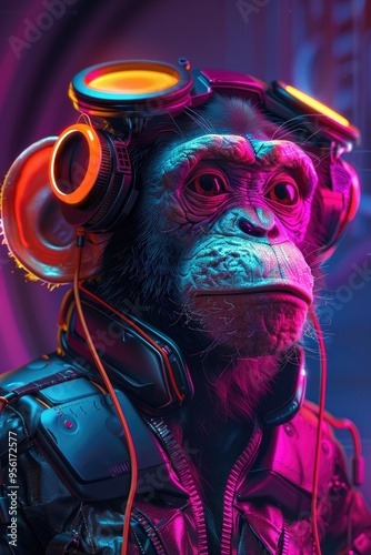 Cyberpunk Monkey with Headphones and Goggles