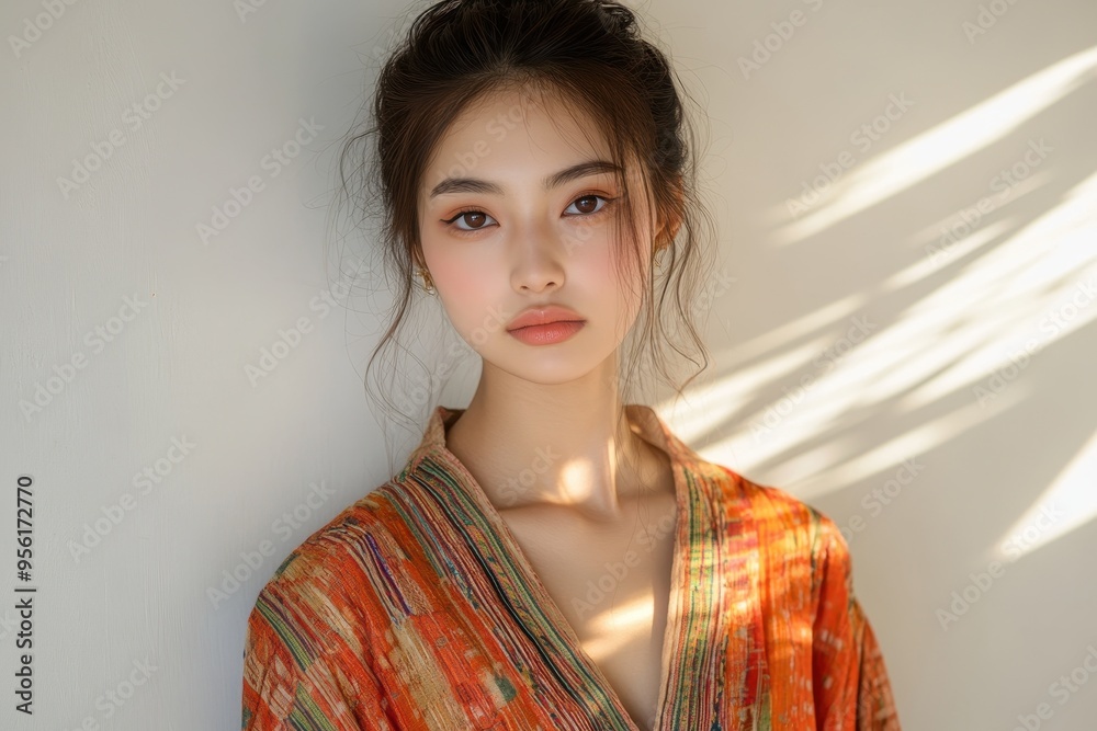 Serene Hmong Fashion Model in Modern Attire with Soft Light Shadows on White Wall Serene Hmong Fashion Model in Modern Attire with Soft Light Shadows on White Wall