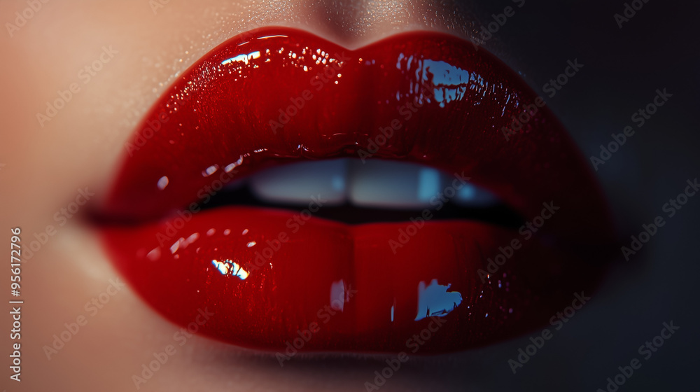 Obraz premium An realistic detailed close-up shot of a pair of luscious, glossy red lips, slightly parted to reveal a hint of teeth, exuding a sense of allure and sophistication. 
