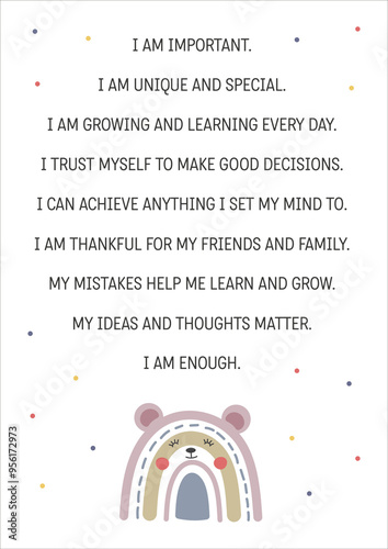 Affirmations for kids. Classroom poster, homeschool decor. I am affirmations, I am strong, i am enough, i believe in myself. Wall art affirmations poster for kids, playroom, nursery.