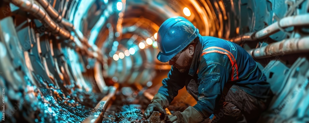 Engineer inspecting underground tunnel construction progress. Engineer inspecting underground tunnel construction progress.