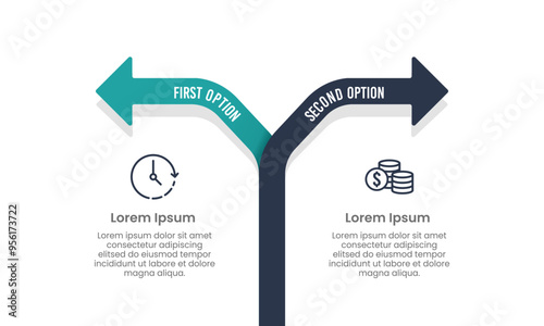 2 options between money and time in running a business. Infographic arrow design template. Business presentation, Planning, Strategy and Balance. Vector illustration.