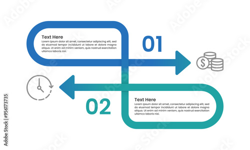 2 important choices between money and time in running a business. Infographic arrow design template. Business presentation, Planning, Strategy and Balance. Vector illustration. photo