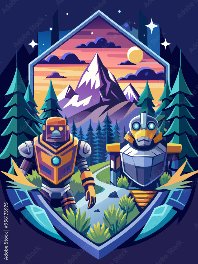 Two robots standing in a forest valley with a mountain range in the background. Two robots standing in a forest valley with a mountain range in the background.