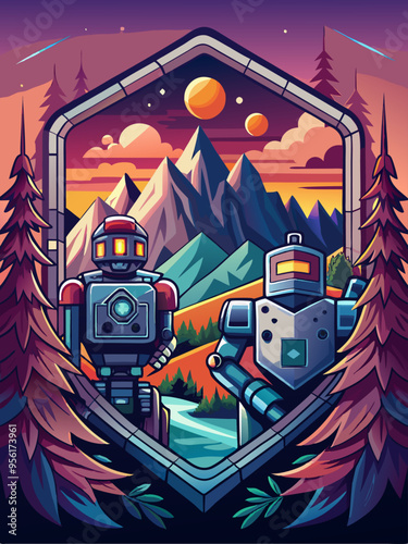 Two Robots Viewing a Mountain Range From a Stone Archway