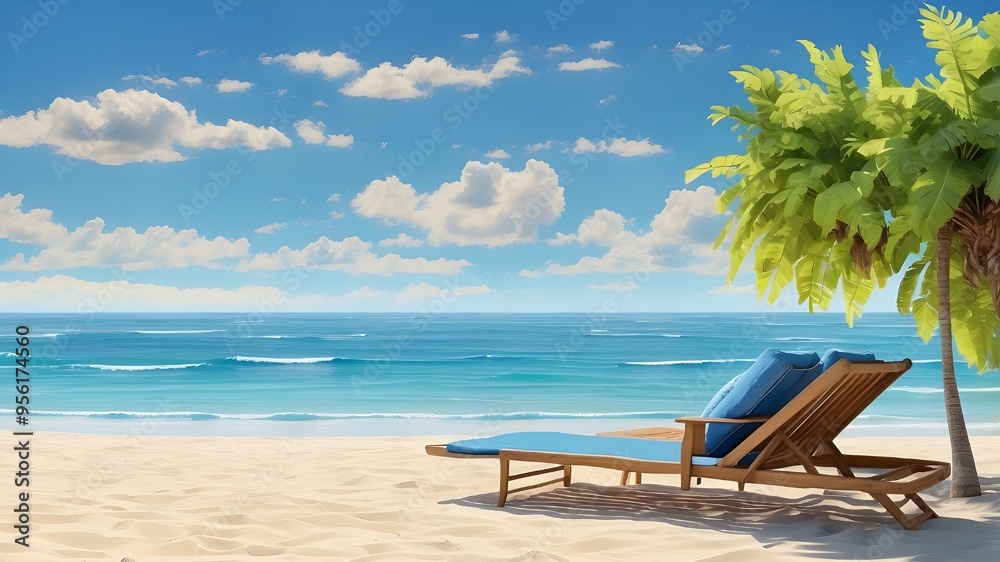 Obraz premium With a blue sky and sunshine, wooden sun loungers, lounge chairs, and parasols on the sand, this landscape vacation banner panorama of the ocean, sea, and sunshine is generative.