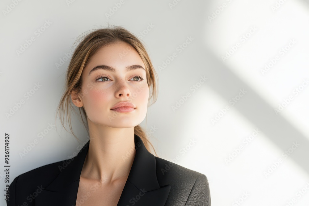 Radiant Hungarian Fashion Model in Modern Attire Standing Gracefully Against White Wall with Soft Sunlight Overlay - Realistic Style Concept Radiant Hungarian Fashion Model in Modern Attire Standing Gracefully Against White Wall with Soft Sunlight Overlay - Realistic Style Concept