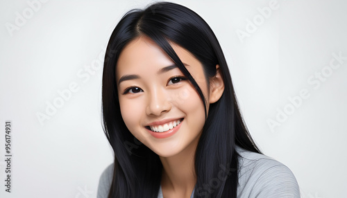 A 20-year-old Asian woman with long dark hair and a warm smile, wearing a grey shirt against a plain background