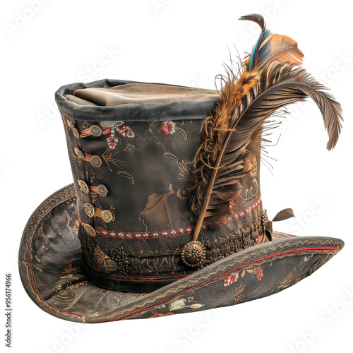 Ornate steampunk hat featuring decorative elements and feathers, perfect for themed events and vintage styling.