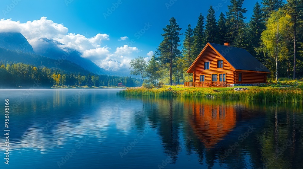 A log cabin sits on the shore of a lake surrounded by trees A log cabin sits on the shore of a lake surrounded by trees