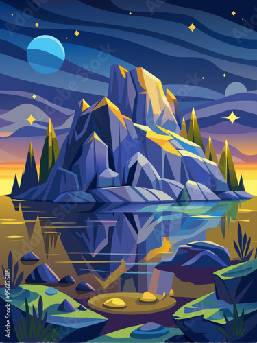 A Mountain Range Reflected in a Still Lake Under a Starry Night Sky