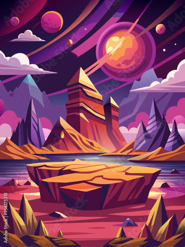 An alien landscape with mountains, a lake, and a distant planet