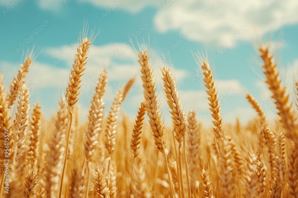 Fototapeta premium Selective focus wheat field with ripe yellow grain. Agriculture backdrop.