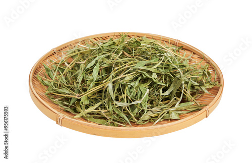 dry cavalcade bean grass in wood plate food for rodent pet isolated on white background