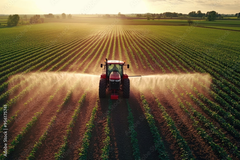Obraz premium Aerial video of tractor spraying pesticides on soy field.