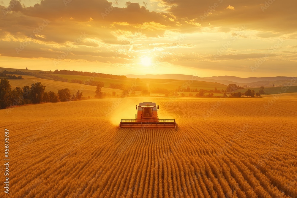 Fototapeta premium Aerial view of combine harvester in wheat field at sunset.