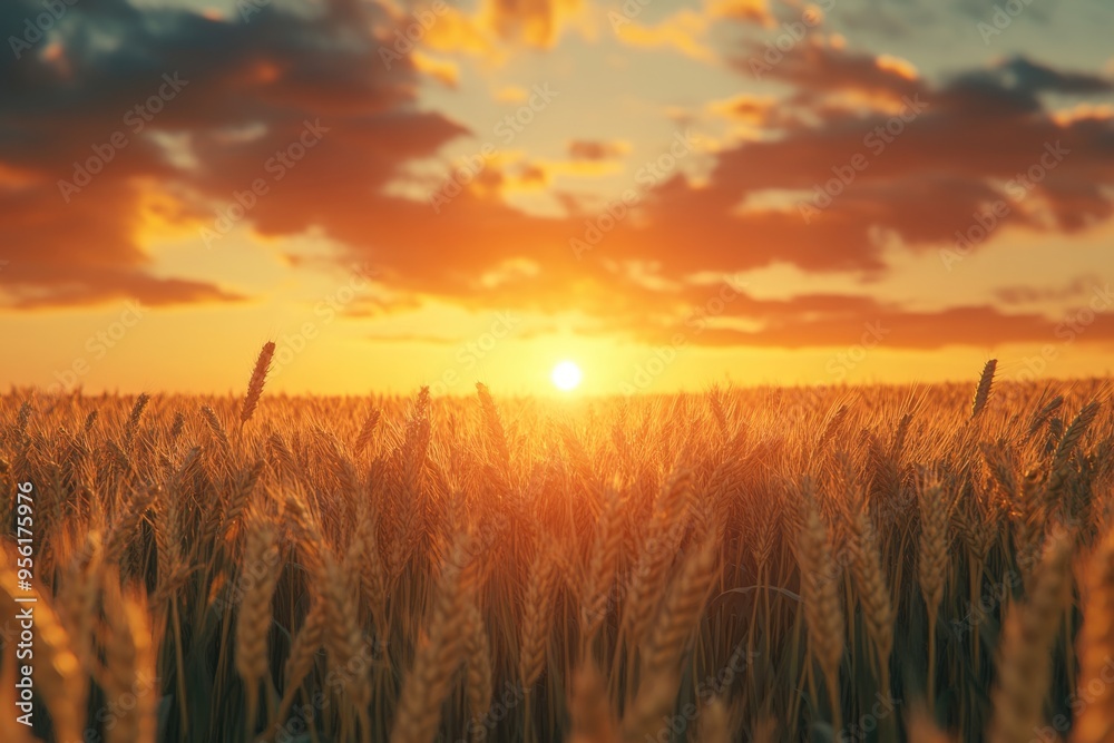 Fototapeta premium Sunset wheat field with rich harvest theme.