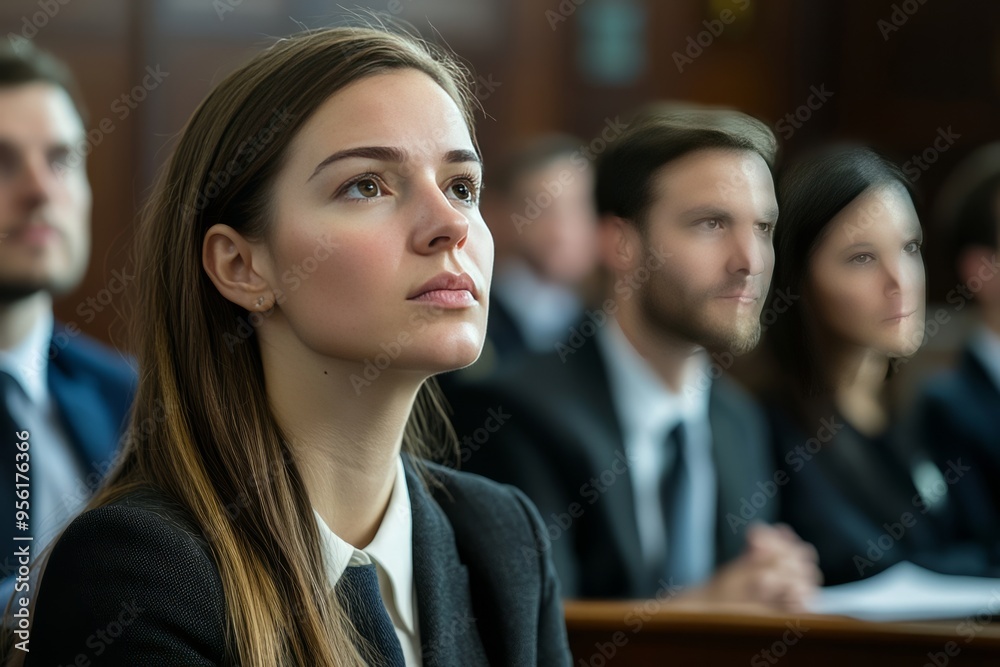 A female lawyer attending a legal seminar. She’s listening attentively to a speaker with other professionals in the background A female lawyer attending a legal seminar. She’s listening attentively to a speaker with other professionals in the background