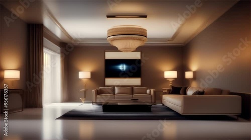 Beautiful and luxurious living room interior with a sofa, table, chandeliers, stylish furniture and elegant design.	
