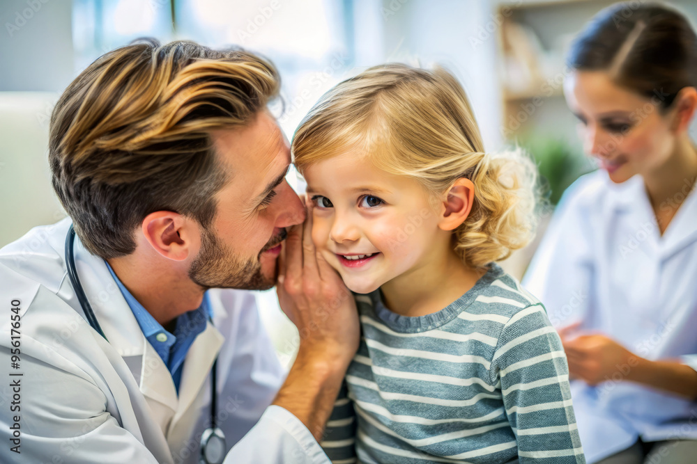 Doctor whispering secret to smiling little girl in clinic. happy and trusting relationship. medical care for children. stock photo. Doctor whispering secret to smiling little girl in clinic. happy and trusting relationship. medical care for children. stock photo.