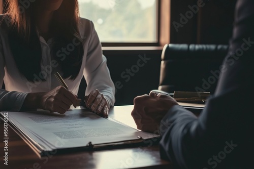 A female lawyer conducting a deposition. She’s questioning a witness in a formal setting with legal documentation present