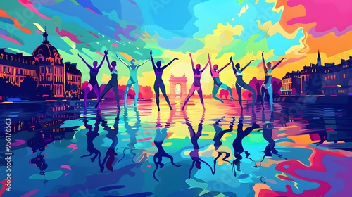 Colorful Silhouettes of Women Dancing in the Water with a City Skyline and Rainbow Sky in the