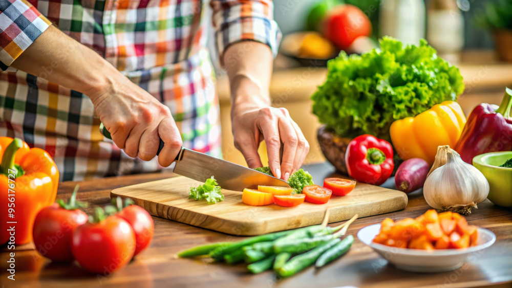 Woman Chopping Vegetables On Cutting Board Woman Chopping Vegetables On Cutting Board