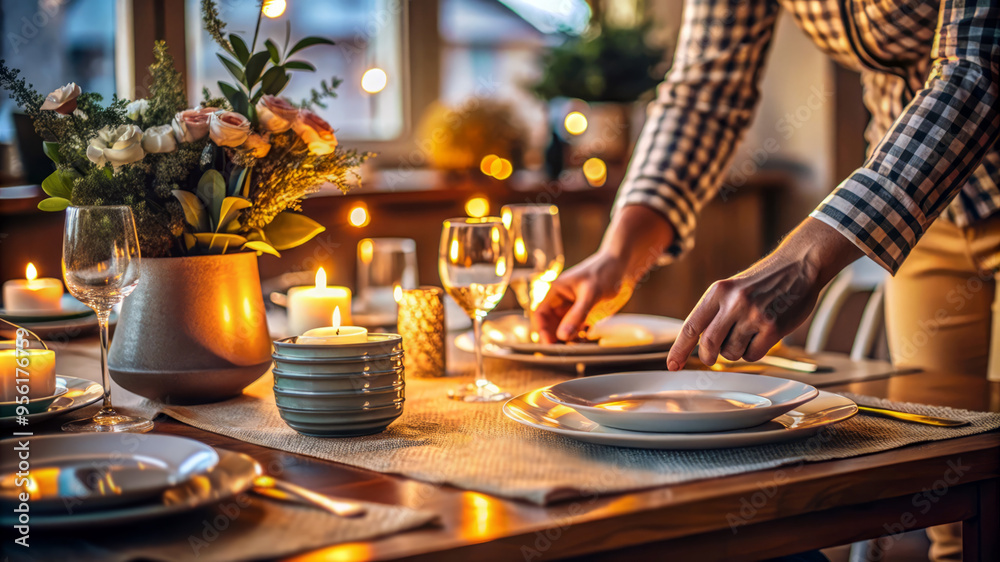 Obraz premium Romantic Candlelit Dinner Table Setting With A Man Setting The Table.