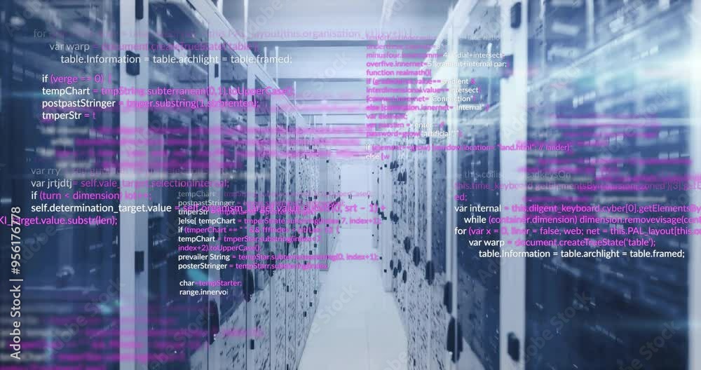 Computer code animation over server racks in data center