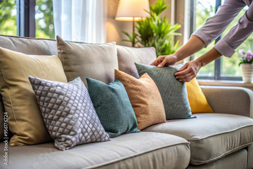 Comfortable Living Room Sofa With Colorful Pillows. Relaxing And Cozy Home Interior Design.