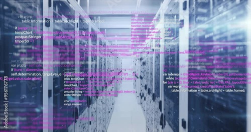 Computer code animation over server racks in data center photo