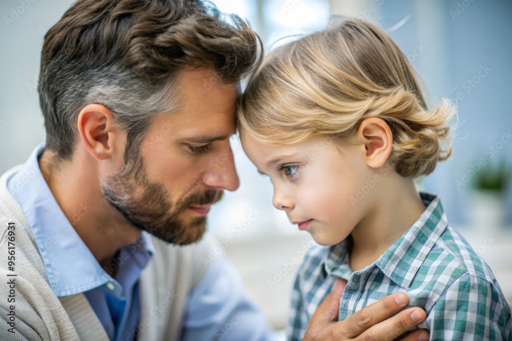Tender Moment Between Father And Son. A Close-Up Of A Man And A Young Boy Touching Foreheads, Showing A Loving Bond. Tender Moment Between Father And Son. A Close-Up Of A Man And A Young Boy Touching Foreheads, Showing A Loving Bond.