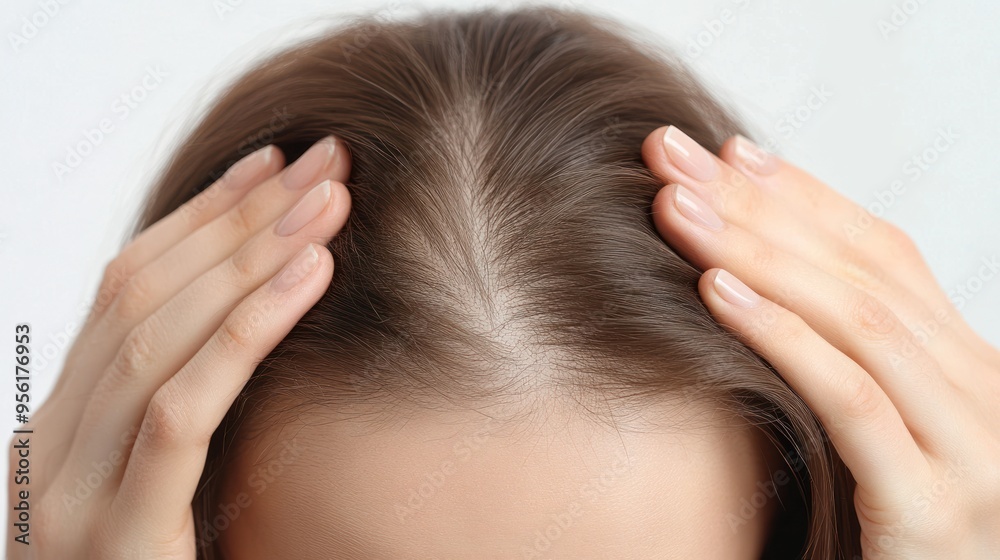 Hair loss concept. A close-up of the woman's hands touching her hair shows signs of thinning and sparse areas on the top of her head. on a white background. Hair loss concept. A close-up of the woman's hands touching her hair shows signs of thinning and sparse areas on the top of her head. on a white background.