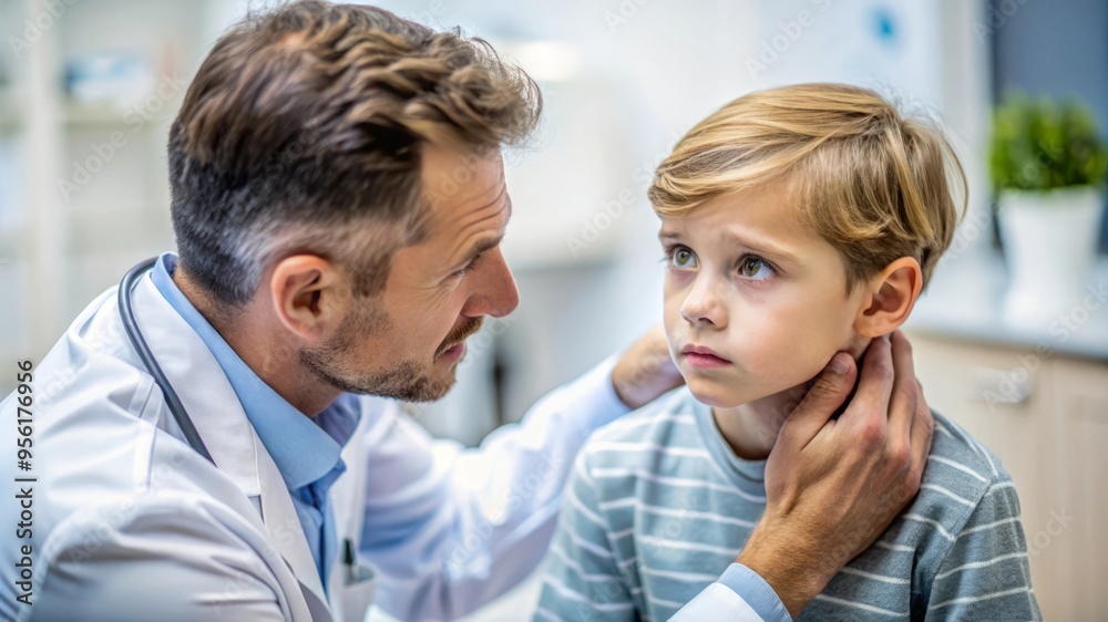 Doctor Examining A Young Boy'S Throat At A Clinic. Healthcare, Illness, Checkup. Doctor Examining A Young Boy'S Throat At A Clinic. Healthcare, Illness, Checkup.
