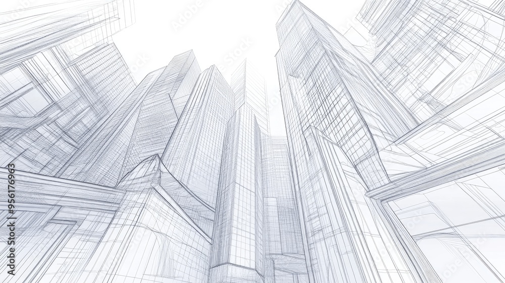 Abstract linear 3D architecture depicted in a detailed line art illustration Abstract linear 3D architecture depicted in a detailed line art illustration