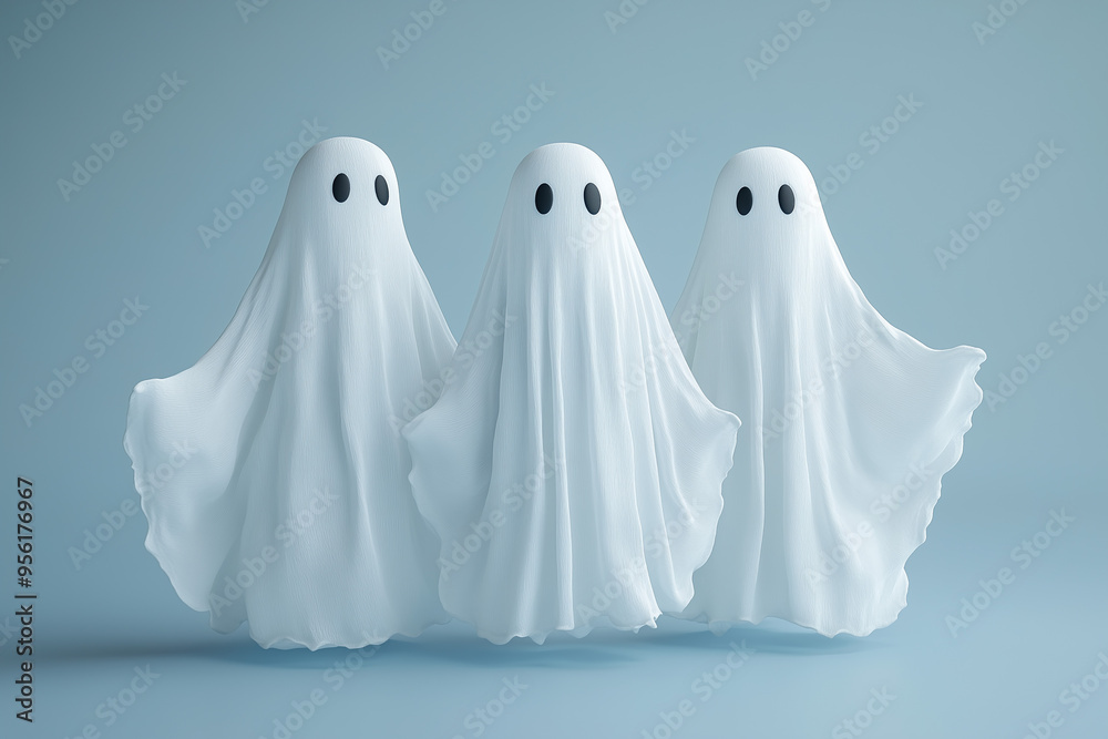 Three cute white ghosts standing together, isolated on a pure background, in a front view Three cute white ghosts standing together, isolated on a pure background, in a front view