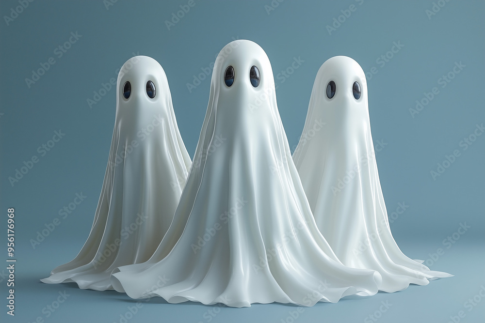 Three cute white ghosts standing together, isolated on a pure background, in a front view Three cute white ghosts standing together, isolated on a pure background, in a front view